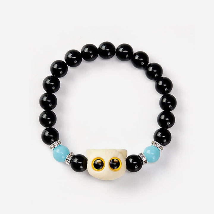 Buddha Stones Pulsera de cuentas con relieve de gato de ojos grandes tallada a mano en obsidiana negra - image 22