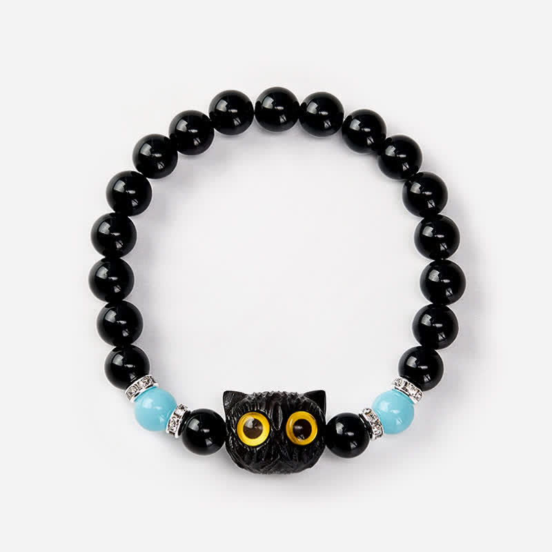 Buddha Stones Pulsera de cuentas con relieve de gato de ojos grandes tallada a mano en obsidiana negra - image 13
