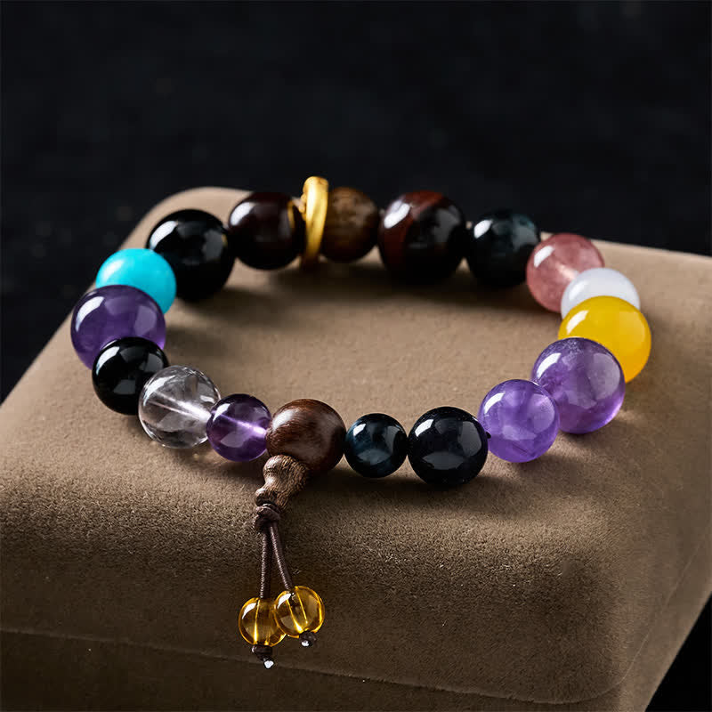 Buddha Stones Pulsera tibetana de equilibrio con 18 cuentas de amatista y ojo de tigre. - Amatista (Alivio del estrés ♥ Intuición) - image 0