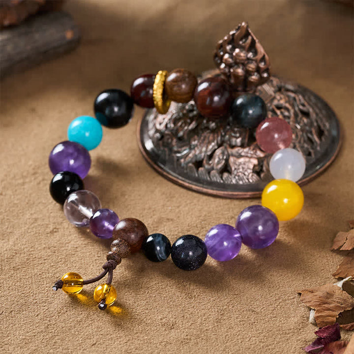 Buddha Stones Pulsera tibetana de equilibrio con 18 cuentas de amatista y ojo de tigre. - image 3