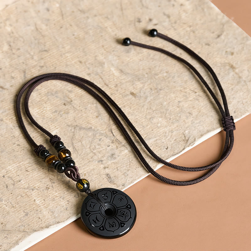 Buddha Stones Collar trenzado grabado con hebilla de paz de obsidiana negra y protección - image 2