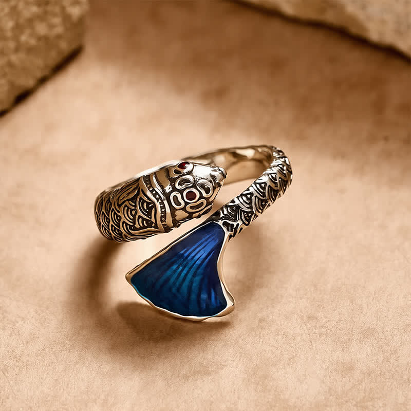 Buddha Stones Anillo ajustable con diseño vintage de pez koi y esmalte azul para el éxito. - image 1