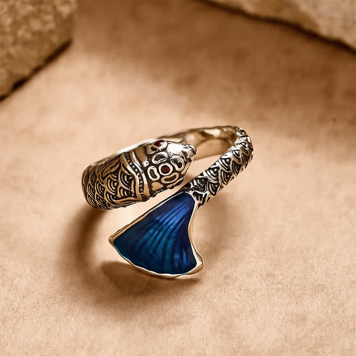 Buddha Stones Anillo ajustable con diseño vintage de pez koi y esmalte azul para el éxito. - image 1