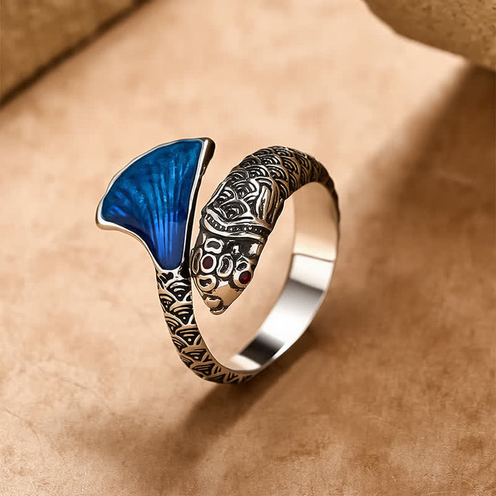 Buddha Stones Anillo ajustable con diseño vintage de pez koi y esmalte azul para el éxito. - Cobre - Aprox. 18,4 mm / US 8 (Ajustable) - image 0