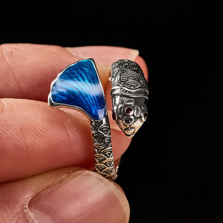Buddha Stones Anillo ajustable con diseño vintage de pez koi y esmalte azul para el éxito. - image 3