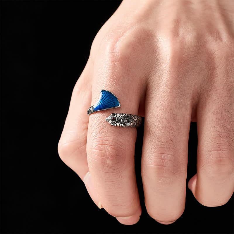 Buddha Stones Anillo ajustable con diseño vintage de pez koi y esmalte azul para el éxito. - image 4