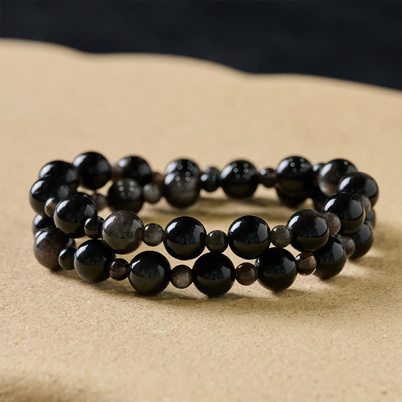 Buddha Stones Pulsera protectora de cuentas redondas de obsidiana negra de una o dos capas - Obsidiana negra de 10 mm - Doble envoltura - image 8