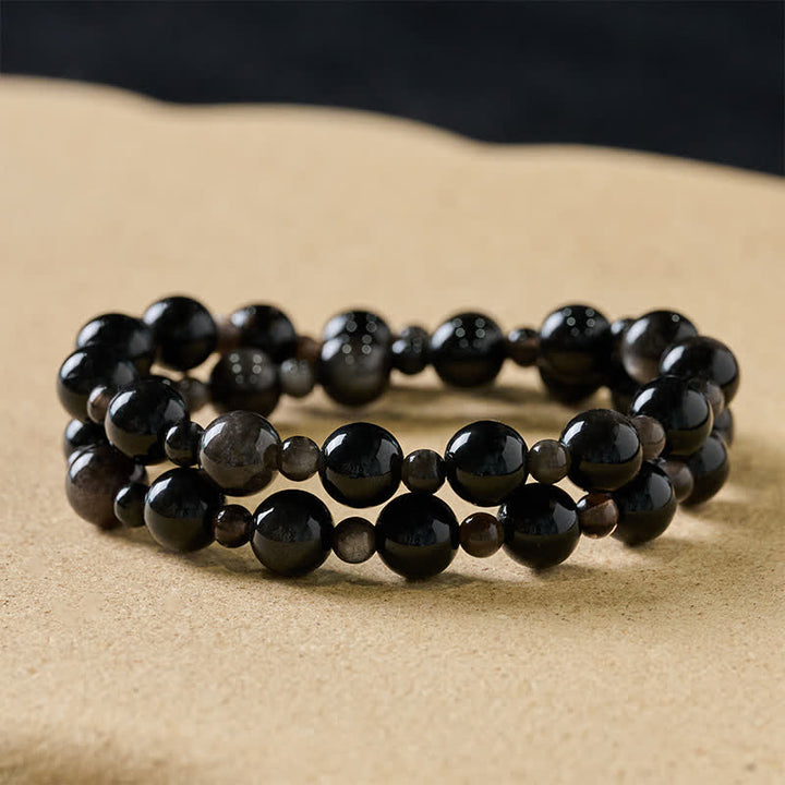 Buddha Stones Pulsera protectora de cuentas redondas de obsidiana negra de una o dos capas - Obsidiana negra de 10 mm - Doble envoltura - image 8