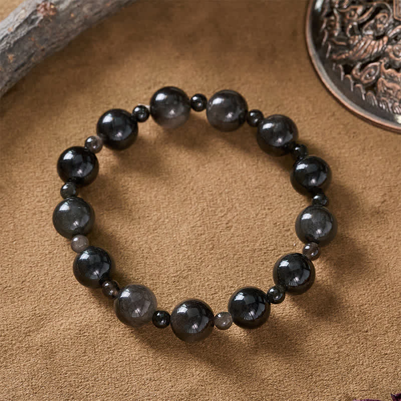 Buddha Stones Pulsera protectora de cuentas redondas de obsidiana negra de una o dos capas - image 3