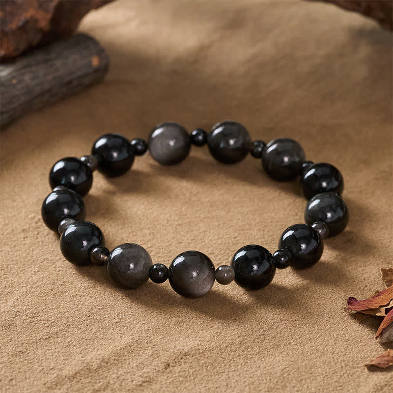 Buddha Stones Pulsera protectora de cuentas redondas de obsidiana negra de una o dos capas - image 1