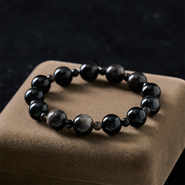 Buddha Stones Pulsera protectora de cuentas redondas de obsidiana negra de una o dos capas - image 2
