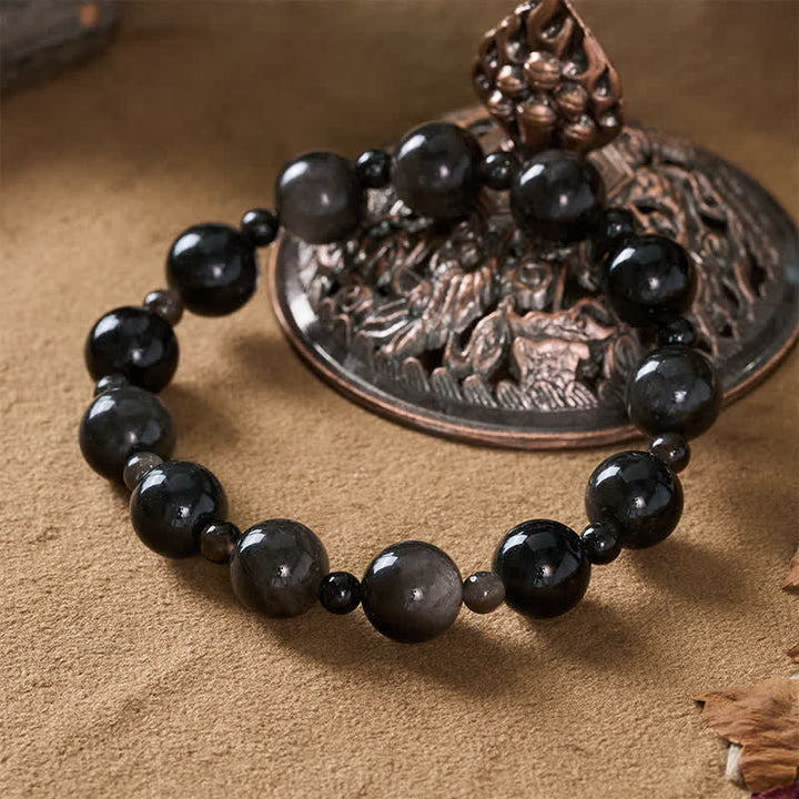 Buddha Stones Pulsera protectora de cuentas redondas de obsidiana negra de una o dos capas - image 4