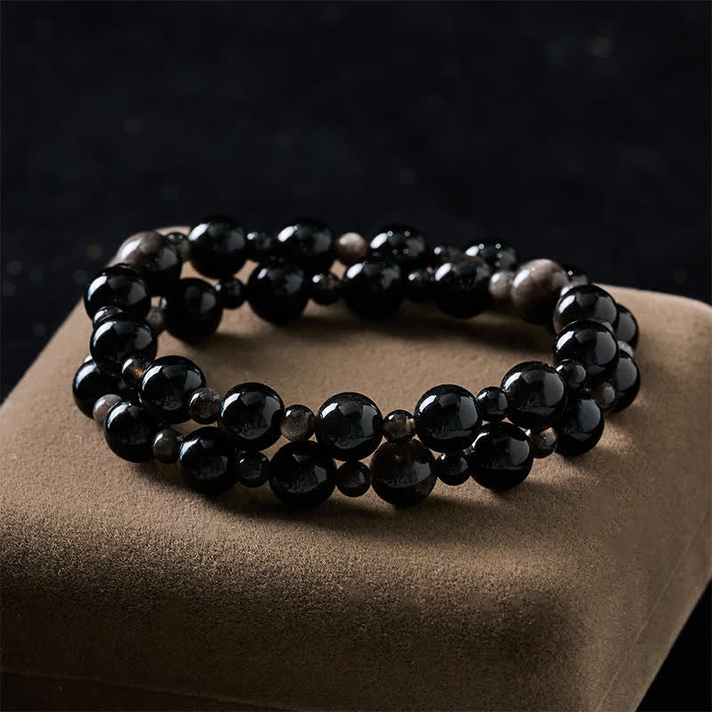 Buddha Stones Pulsera protectora de cuentas redondas de obsidiana negra de una o dos capas - image 10