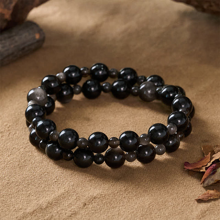 Buddha Stones Pulsera protectora de cuentas redondas de obsidiana negra de una o dos capas - image 11