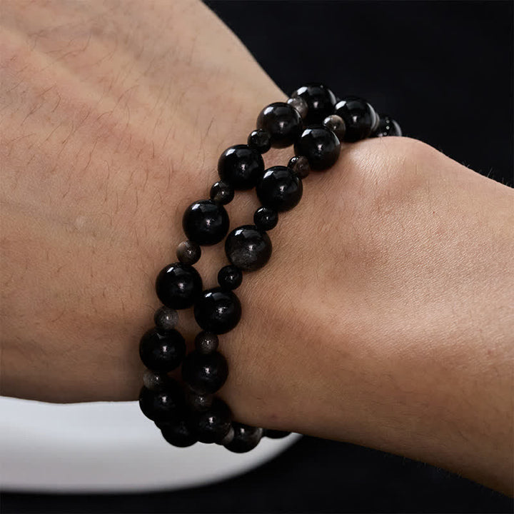 Buddha Stones Pulsera protectora de cuentas redondas de obsidiana negra de una o dos capas - image 13