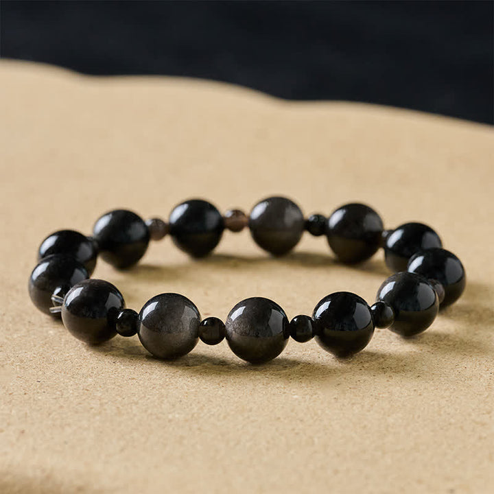 Buddha Stones Pulsera protectora de cuentas redondas de obsidiana negra de una o dos capas - Obsidiana negra de 10 mm - Envoltura individual - image 0