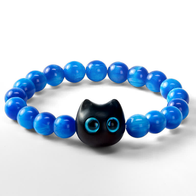 Buddha Stones Pulsera de equilibrio con forma de gato, cuentas de resina azul y madera de ébano. - image 15