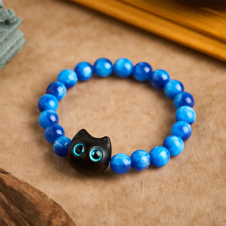 Buddha Stones Pulsera de equilibrio con forma de gato, cuentas de resina azul y madera de ébano. - 10 mm (circunferencia de la muñeca: 6,3-6,7 pulgadas / 16-17 cm) - image 9