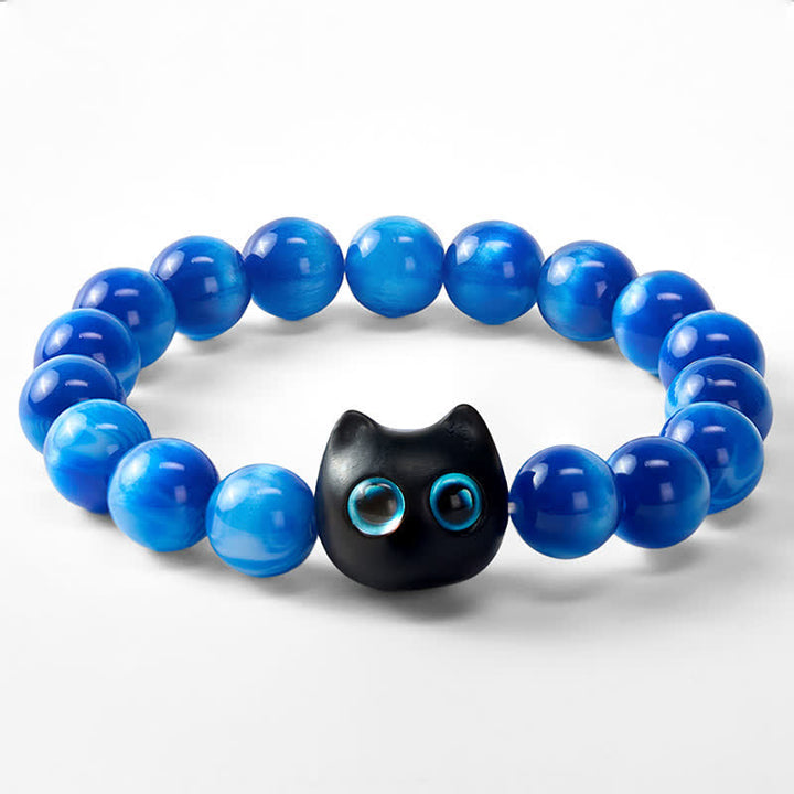 Buddha Stones Pulsera de equilibrio con forma de gato, cuentas de resina azul y madera de ébano. - image 6