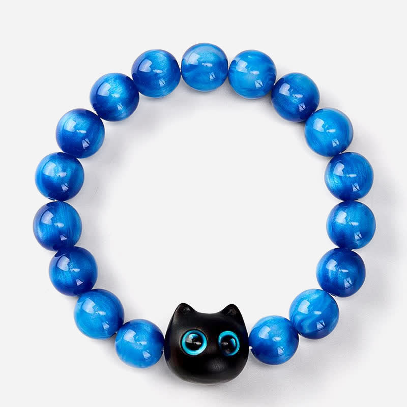 Buddha Stones Pulsera de equilibrio con forma de gato, cuentas de resina azul y madera de ébano. - image 2