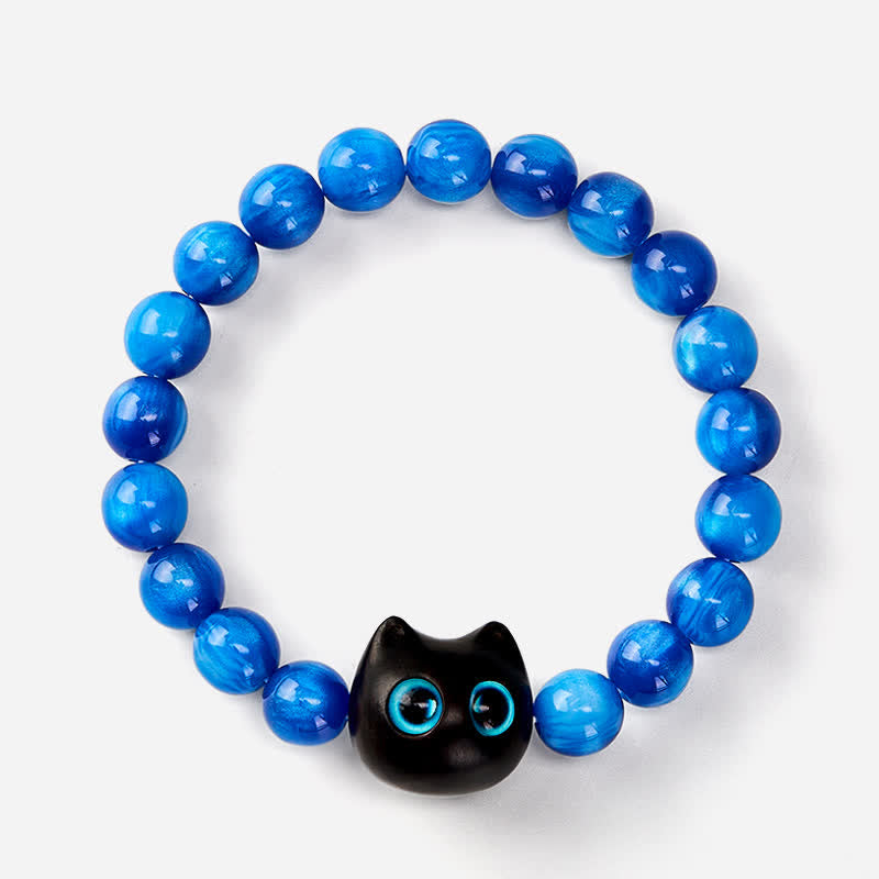 Buddha Stones Pulsera de equilibrio con forma de gato, cuentas de resina azul y madera de ébano. - image 11