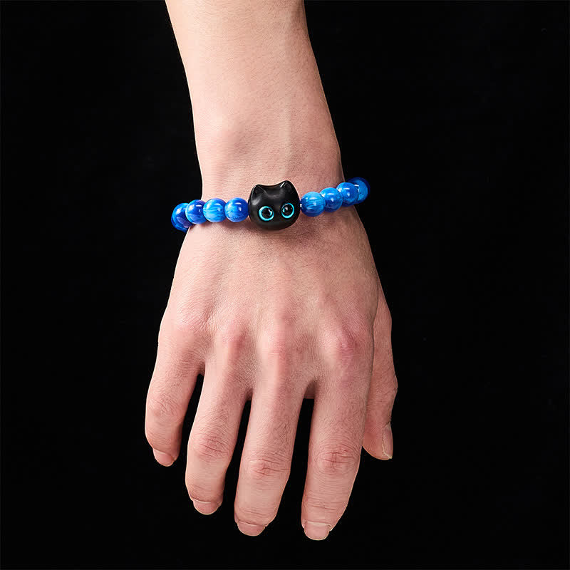 Buddha Stones Pulsera de equilibrio con forma de gato, cuentas de resina azul y madera de ébano. - image 13