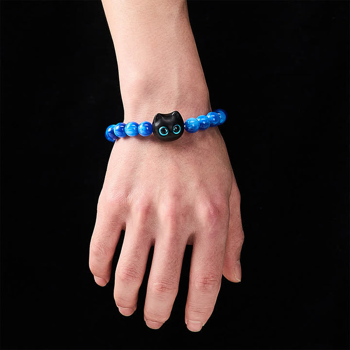 Buddha Stones Pulsera de equilibrio con forma de gato, cuentas de resina azul y madera de ébano. - image 13