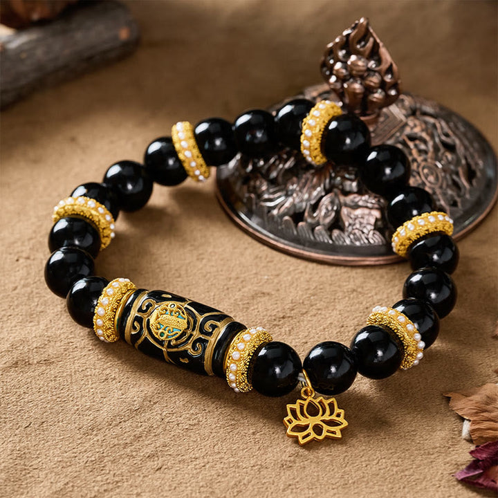 Buddha Stones Colgante de loto con cuentas cilíndricas de resina de obsidiana negra y pulsera de cuentas redondas de protección - image 3
