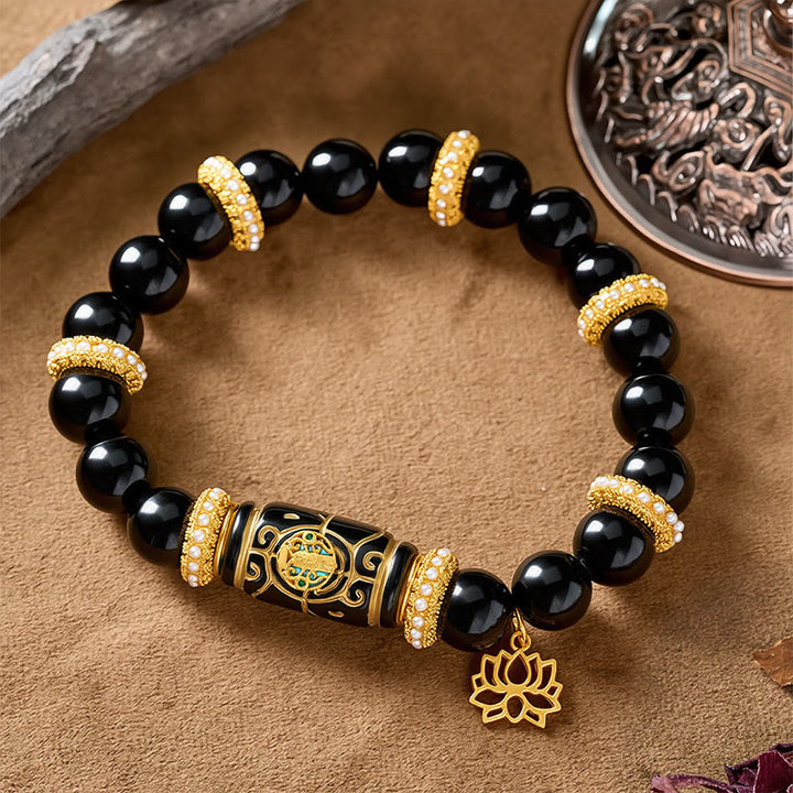 Buddha Stones Colgante de loto con cuentas cilíndricas de resina de obsidiana negra y pulsera de cuentas redondas de protección - Obsidiana negra (circunferencia de la muñeca: 17-18 cm) - image 0