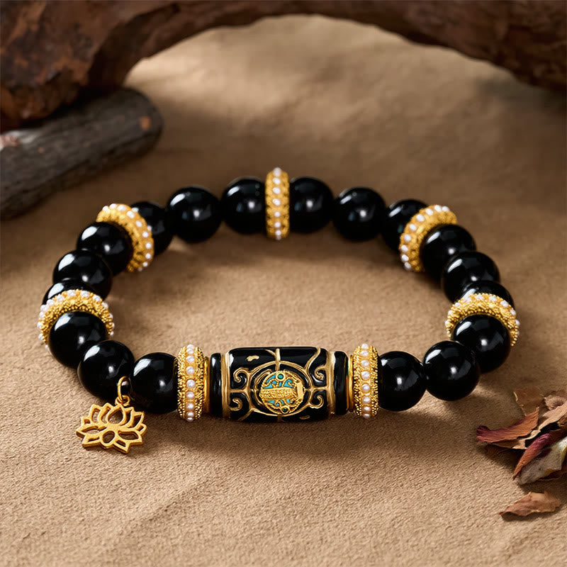 Buddha Stones Colgante de loto con cuentas cilíndricas de resina de obsidiana negra y pulsera de cuentas redondas de protección - image 2