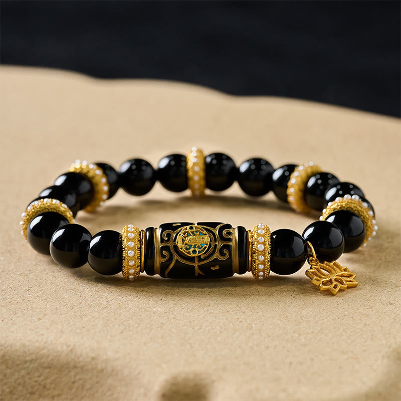 Buddha Stones Colgante de loto con cuentas cilíndricas de resina de obsidiana negra y pulsera de cuentas redondas de protección - image 7
