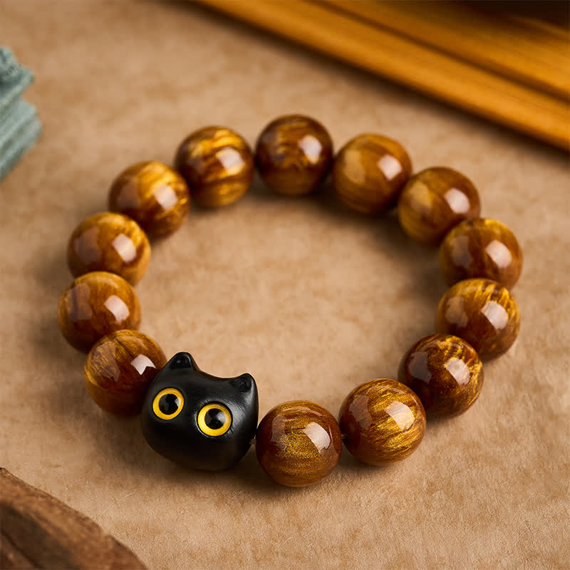 Buddha Stones Pulsera con cuentas de resina amarilla, ojos amarillos y diseño de gato tranquilo en madera de ébano. - 16 mm (circunferencia de la muñeca: 7,5-7,9 pulgadas / 19-20 cm) - image 9