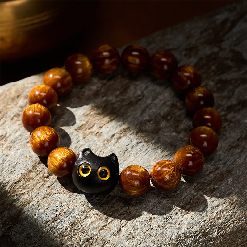 Buddha Stones Pulsera con cuentas de resina amarilla, ojos amarillos y diseño de gato tranquilo en madera de ébano. - image 3