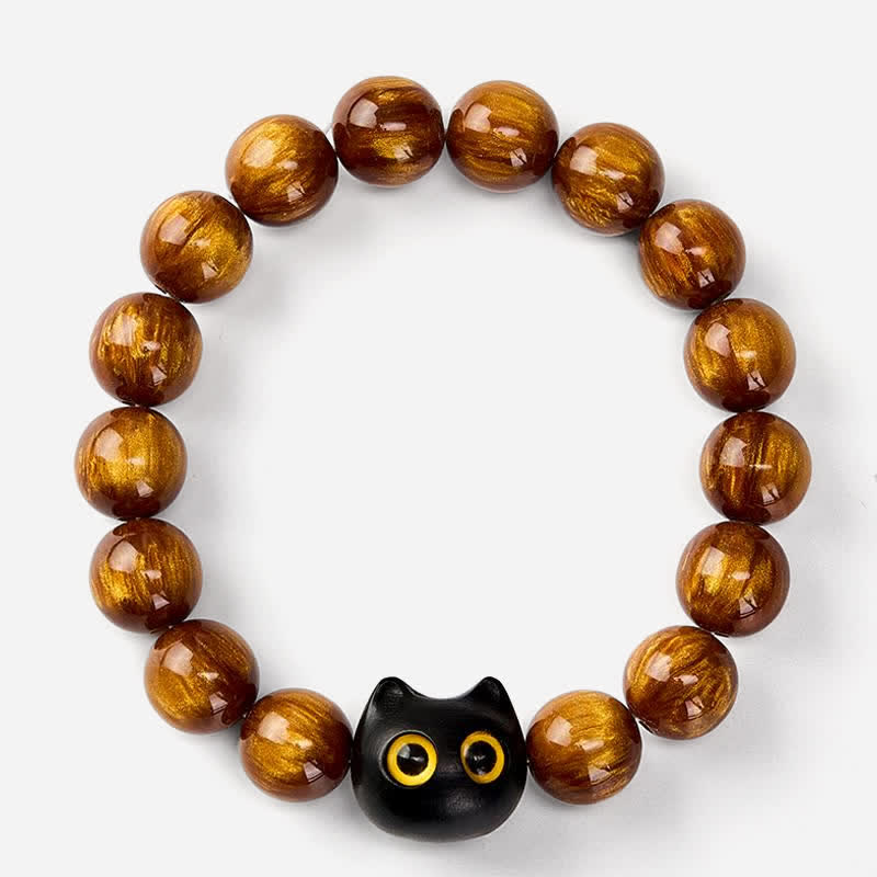 Buddha Stones Pulsera con cuentas de resina amarilla, ojos amarillos y diseño de gato tranquilo en madera de ébano. - image 2