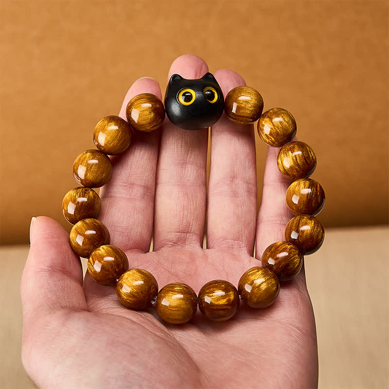 Buddha Stones Pulsera con cuentas de resina amarilla, ojos amarillos y diseño de gato tranquilo en madera de ébano. - image 5