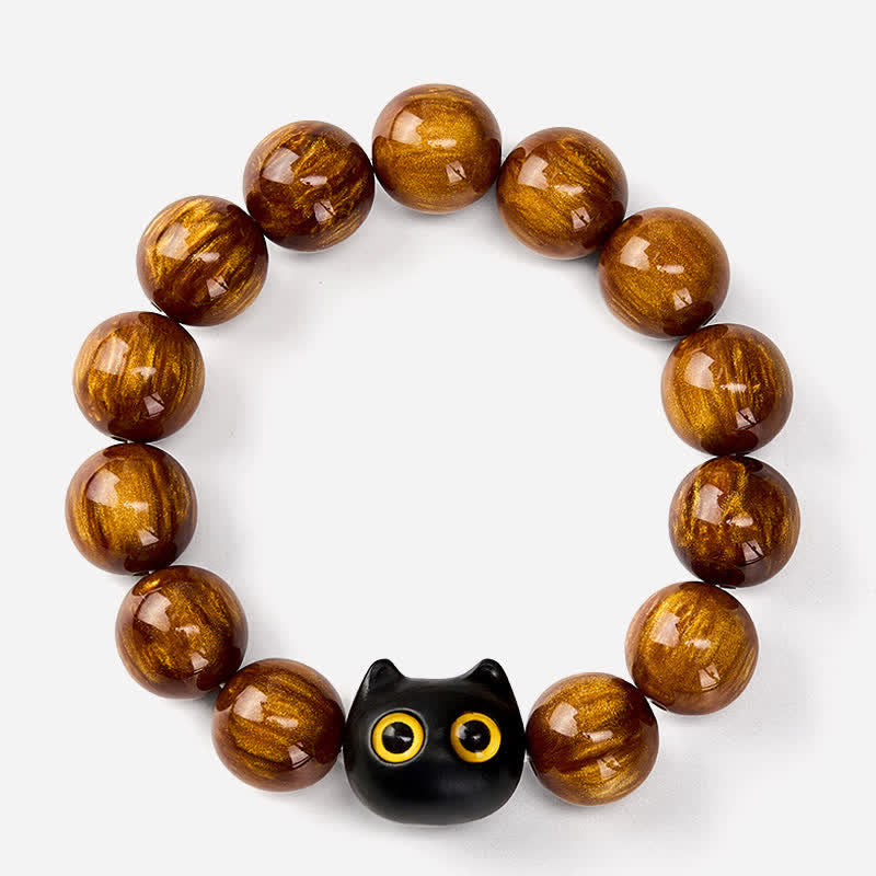 Buddha Stones Pulsera con cuentas de resina amarilla, ojos amarillos y diseño de gato tranquilo en madera de ébano. - image 11