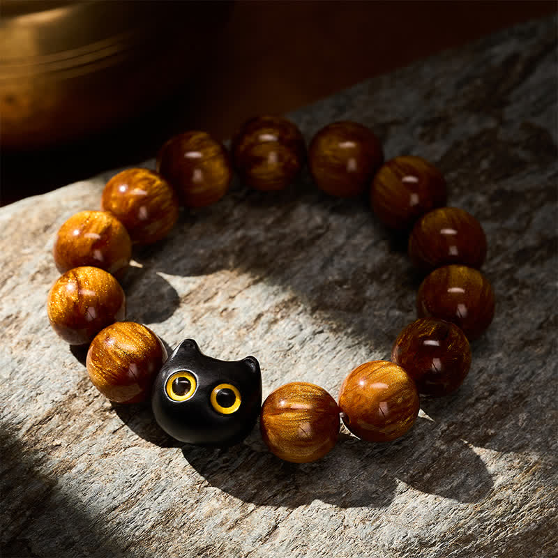 Buddha Stones Pulsera con cuentas de resina amarilla, ojos amarillos y diseño de gato tranquilo en madera de ébano. - image 12