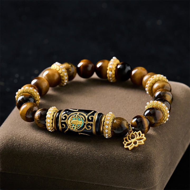 Buddha Stones Colgante de loto con cuentas cilíndricas de resina ojo de tigre amarillo natural Pulsera de cuentas redondas Confianza - image 1