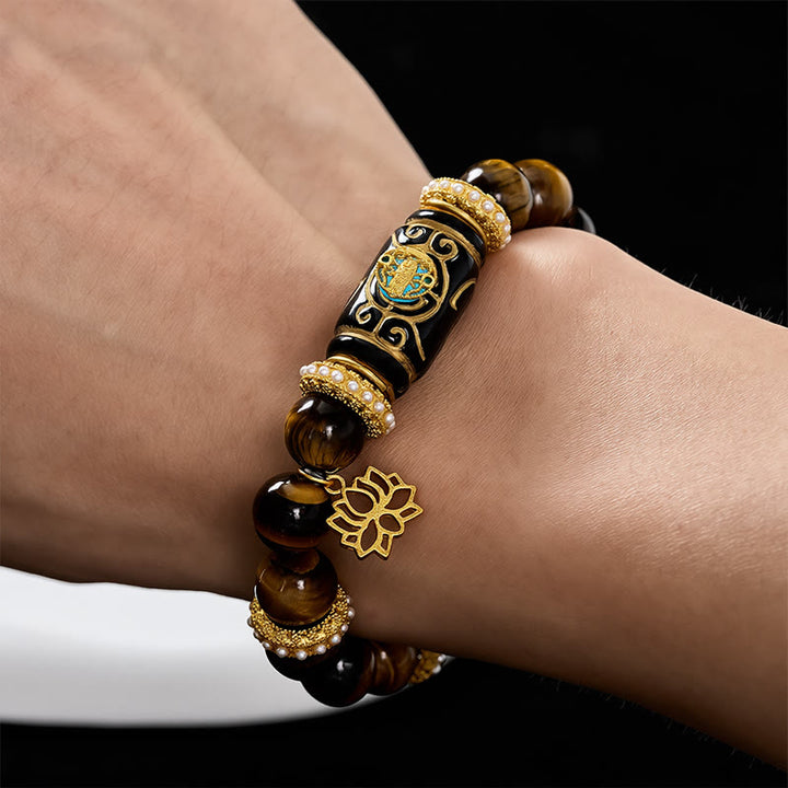 Buddha Stones Colgante de loto con cuentas cilíndricas de resina ojo de tigre amarillo natural Pulsera de cuentas redondas Confianza - image 4