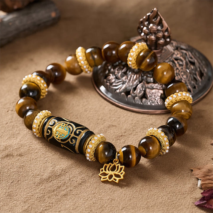 Buddha Stones Colgante de loto con cuentas cilíndricas de resina ojo de tigre amarillo natural Pulsera de cuentas redondas Confianza - image 3