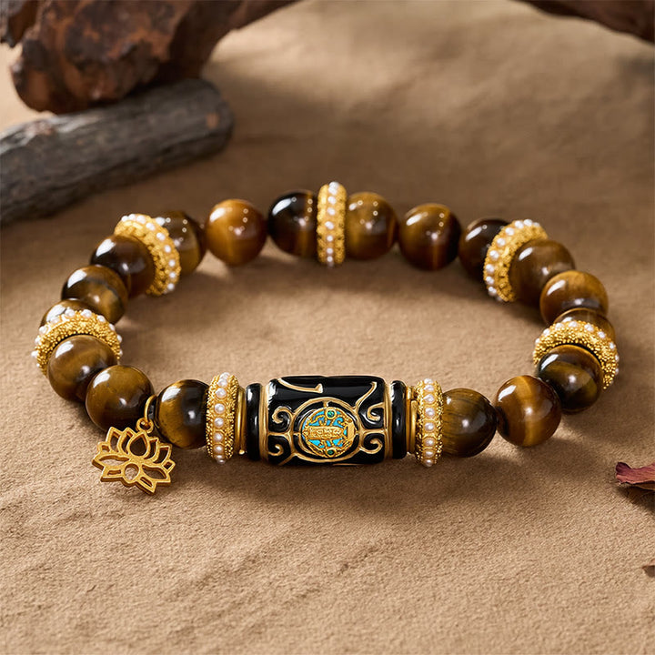 Buddha Stones Colgante de loto con cuentas cilíndricas de resina ojo de tigre amarillo natural Pulsera de cuentas redondas Confianza - image 2