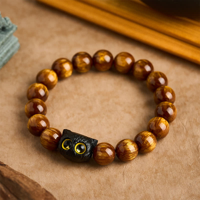 Buddha Stones Pulsera de madera de ébano con cuentas de resina amarilla y gato de la paz - 12 mm (circunferencia de la muñeca: 6,7-7,1 pulgadas / 17-18 cm) - image 9