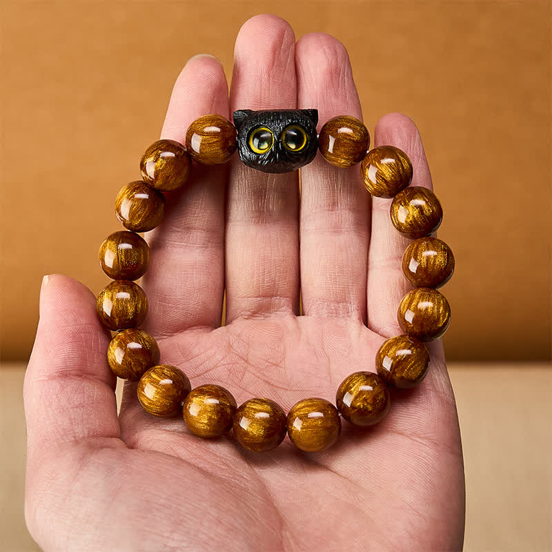 Buddha Stones Pulsera de madera de ébano con cuentas de resina amarilla y gato de la paz - image 13