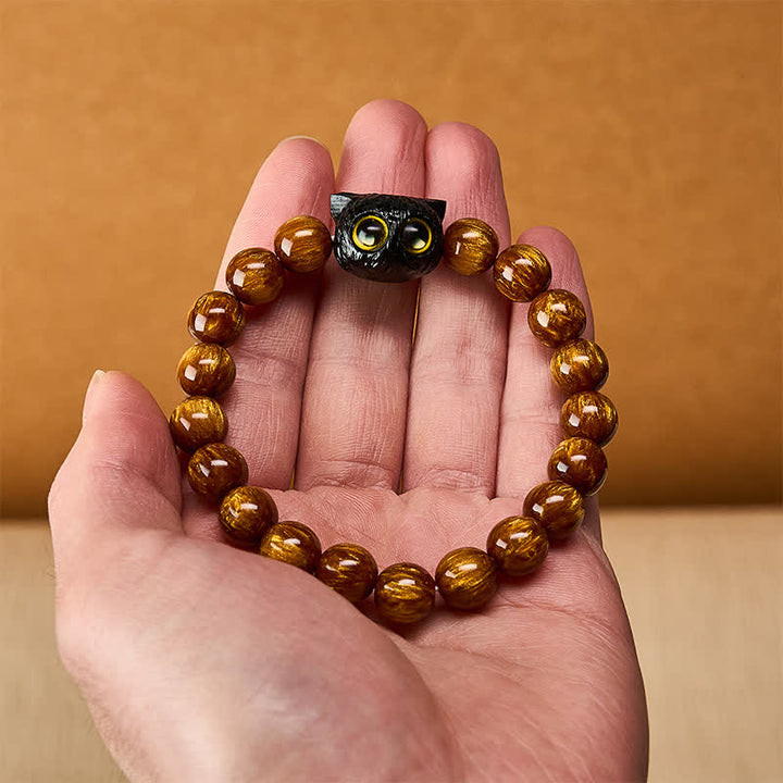 Buddha Stones Pulsera de madera de ébano con cuentas de resina amarilla y gato de la paz - image 7
