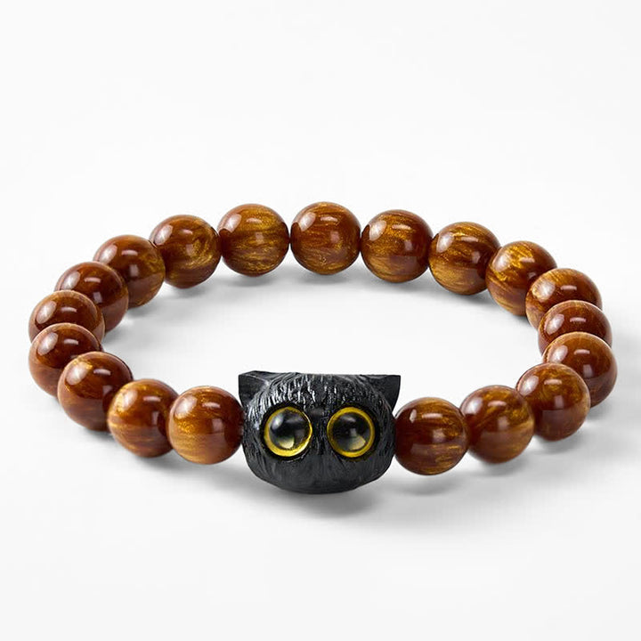 Buddha Stones Pulsera de madera de ébano con cuentas de resina amarilla y gato de la paz - image 8
