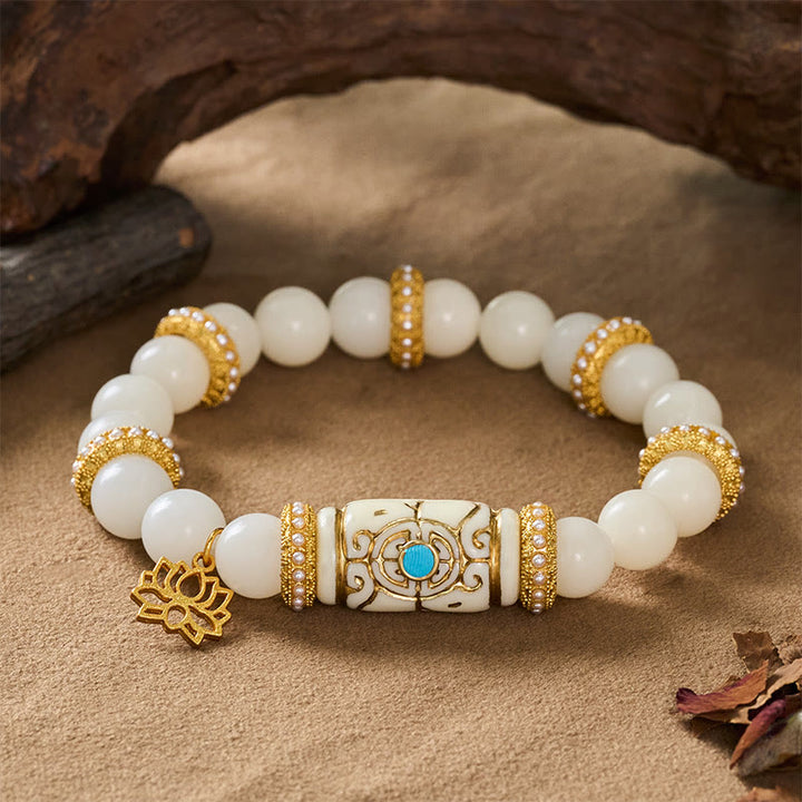 Buddha Stones Pulsera redonda de meditación con colgante de loto y cuentas de resina blanca con forma de semilla de Bodhi. - image 7