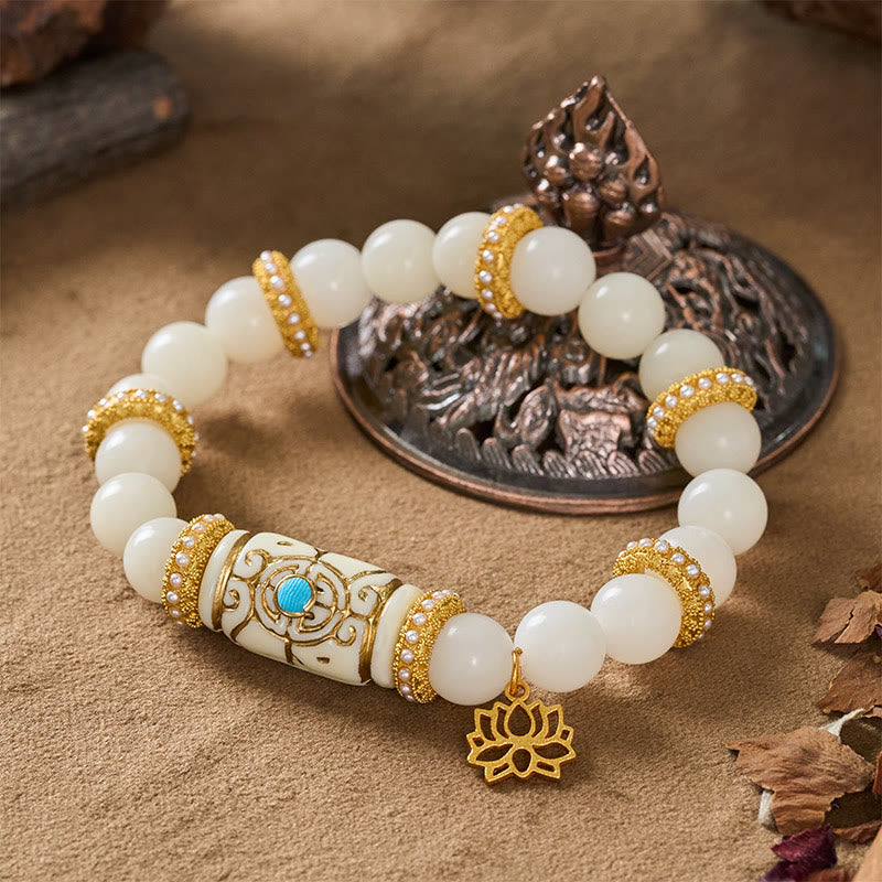 Buddha Stones Pulsera redonda de meditación con colgante de loto y cuentas de resina blanca con forma de semilla de Bodhi. - image 3