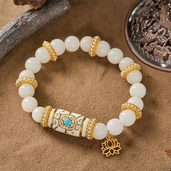 Buddha Stones Pulsera redonda de meditación con colgante de loto y cuentas de resina blanca con forma de semilla de Bodhi. - image 2