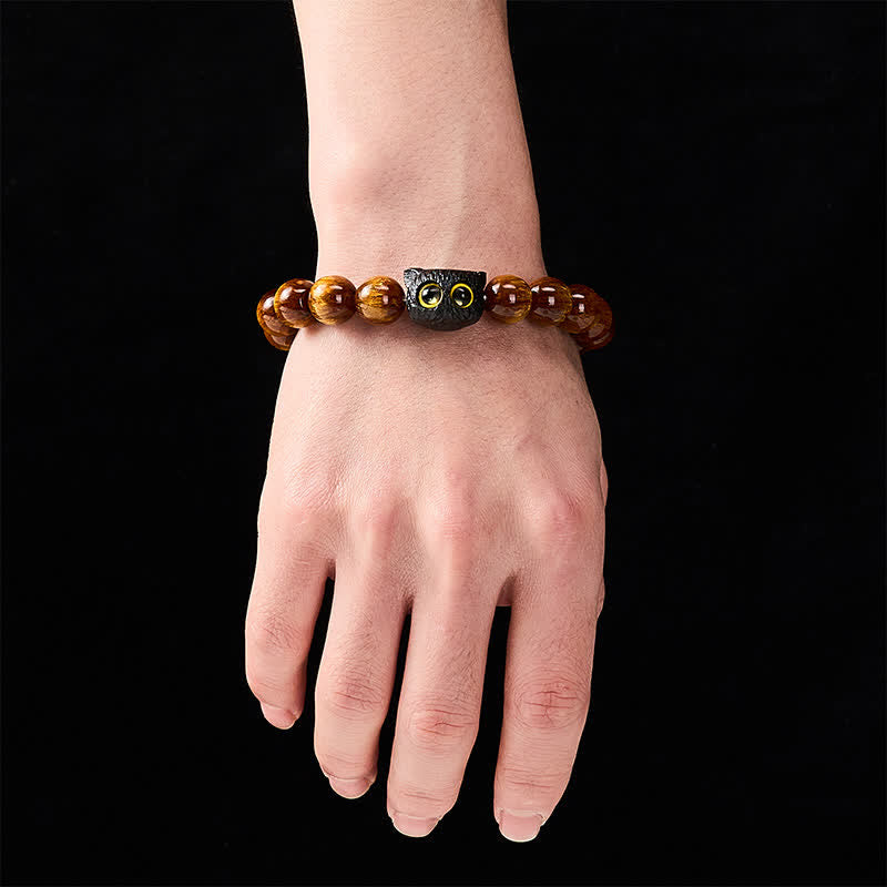 Buddha Stones Pulsera de madera de ébano con cuentas de resina amarilla y gato de la paz - image 12
