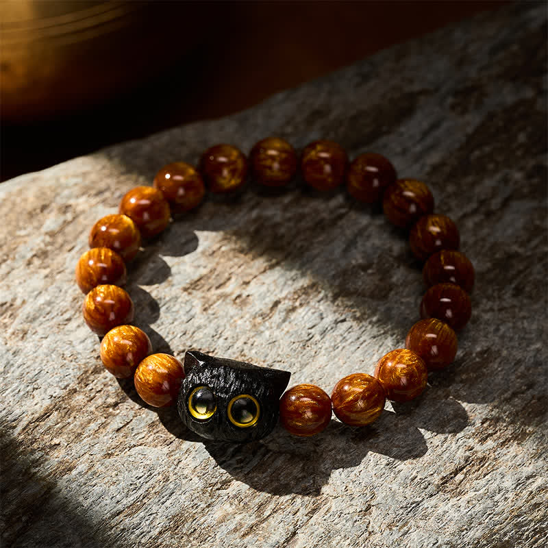 Buddha Stones Pulsera de madera de ébano con cuentas de resina amarilla y gato de la paz - image 2